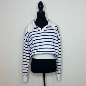 [WOMEN] RIHAOS Blue & White Stripe Polo Sweater Small | Like New Classic Knit